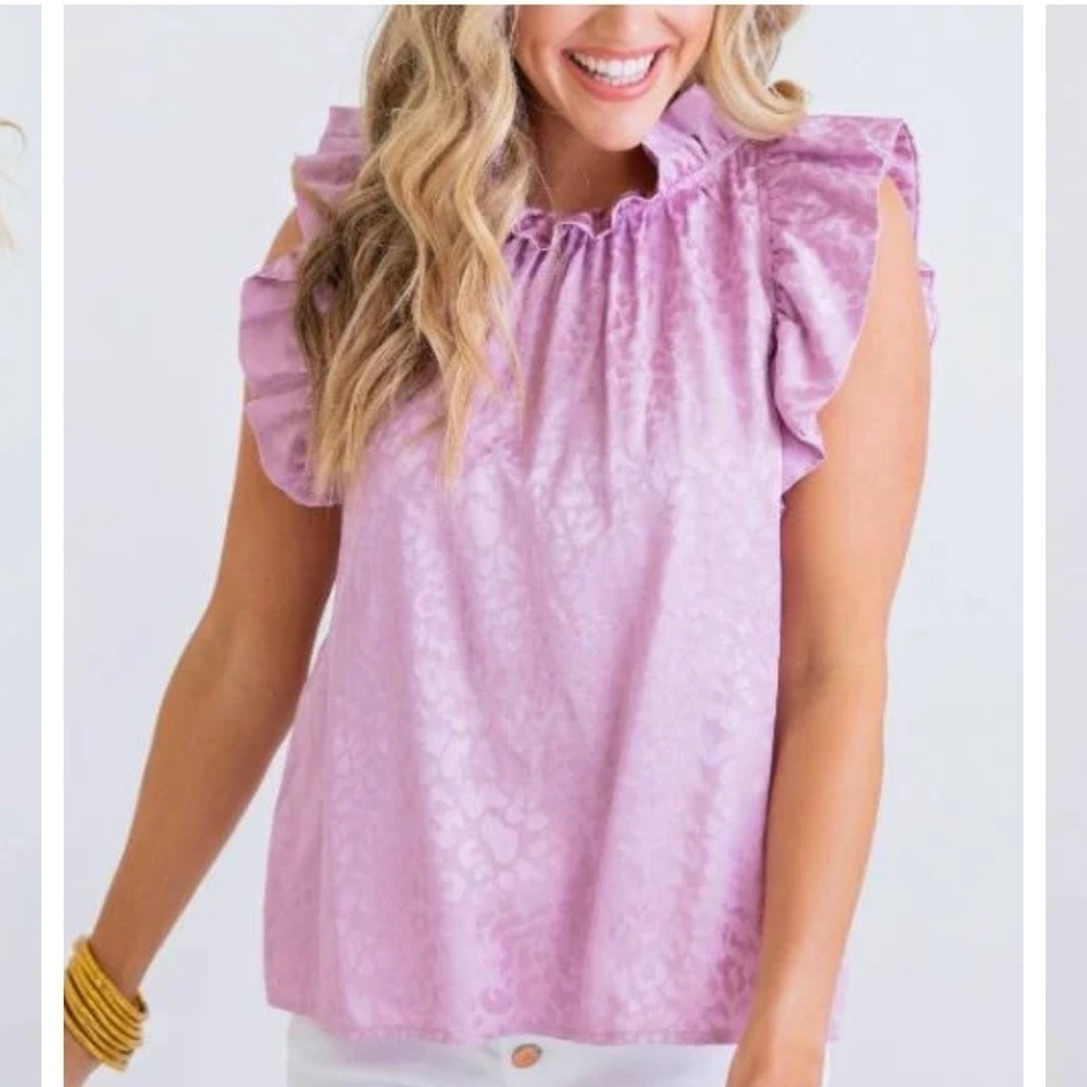 Karlie Lilac Leopard Jacquard Ruffle Sleeve Blouse Size Small - Picture 5 of 8